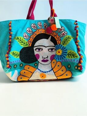 Debbie Katz Embroidered Canvas Tote Bag Boho Frida Folk Art Large Beach Bag NWT